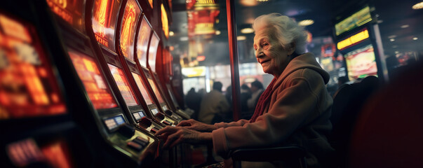 Old granny playing slot machines in casino, gambling addiction concept - obrazy, fototapety, plakaty