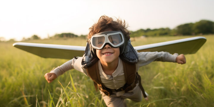 Sassy little boy wearing aviator googles and wings determined to fly and achieve his dreams