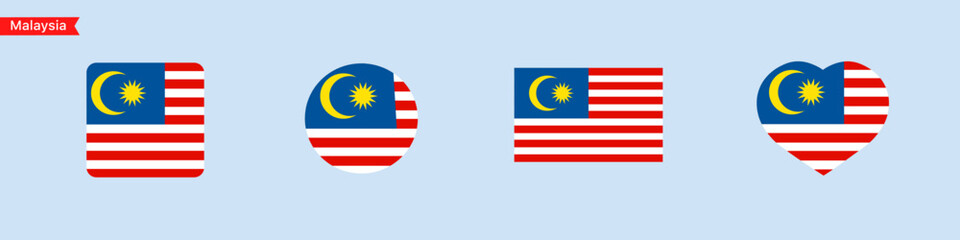 National flag of Malaysia icons. Malaysia flag in the shape of a square, circle, heart. Website language choice symbols. Vector UI flag design