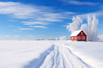 red little house in snowy winter landscape