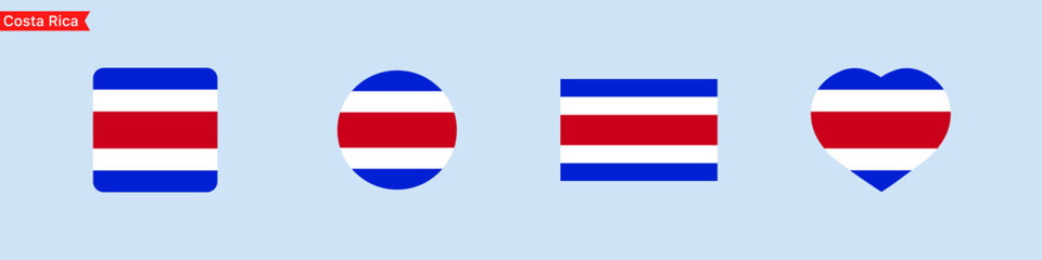 National flag of Costa Rica. Costa Rica flag icons for language selection. Flag in the shape of a square, circle, heart. Vector icons