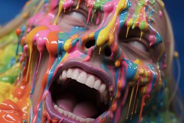 horror sculpture of skull face with teeth covered in rainbow colorful paint slime drips