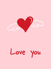 Love you. Valentine's day greeting card. Hand drawn heart with wings.