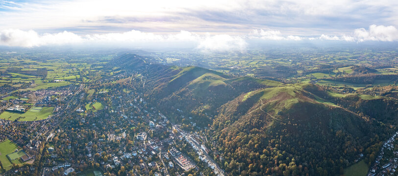 beautiful aerial view of the Malvern Hill, Great Malvern, Worcestershire, United Kingdom
