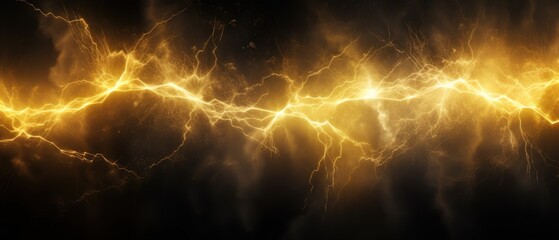 Yellow Lightning strike on the dark cloudy sky landscape. AI generated image - obrazy, fototapety, plakaty