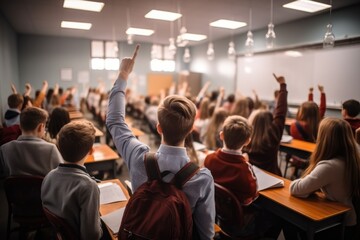 Education, Question with group of children in classroom and raise their hands to answer, Young students raising hands in classroom.