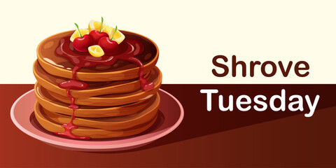Stack of chocolate pancakes with cherry syrup and text Shrove Tuesday. Greeting banner, postcard for Pancake Day