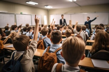 Education, Question with group of children in classroom and raise their hands to answer, Young students raising hands in classroom. - obrazy, fototapety, plakaty