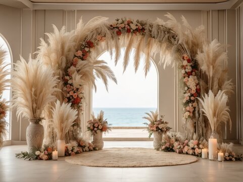 Boho wedding arch with pampas and flowers inside a beige room, wedding digital backdrop, floral arch, 