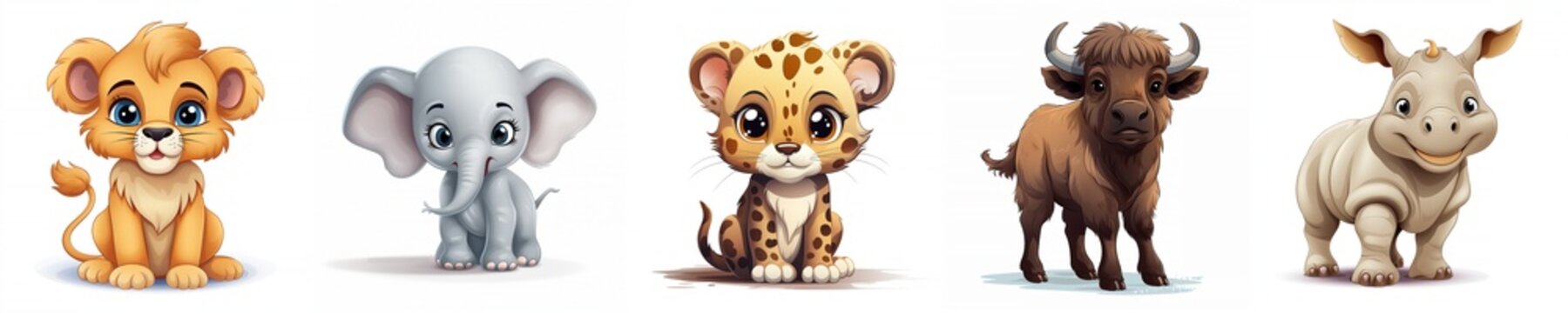 Big 5 animals in Africa. Cute cartoon of leopard, buffalo, elephant, lion and rhino. Generative AI Image.