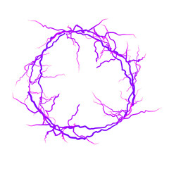 Lightnings, purple thunderbolt strikes at night. Electric impact effects, thunderstorm sparking discharges isolated on transparent background