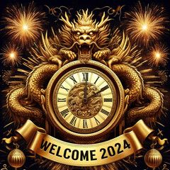 2024 dragon year background with golden ornament