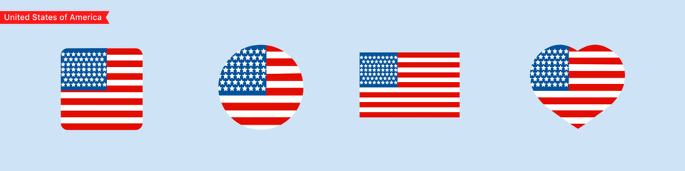 National flag of United States of America. United States of America flag icons in the shape of a square, circle, heart. Isolated flag symbols for language selection. Vector icons