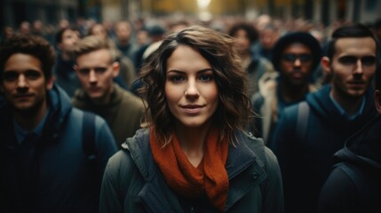 Fototapeta premium Crowd of people standing in city street with focus on woman.