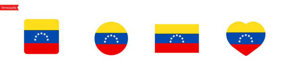 National flag of Venezuela. Venezuela flag icons for language selection. Flag in the shape of a square, circle, heart. Vector icons
