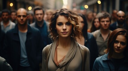 Fototapeta premium Crowd of people standing in city street with focus on woman.