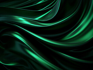 Fototapeta premium a dark background with green and black swirls, in the style of made of liquid metal, flowing draperies, soft edges and blurred details created with Generative Ai