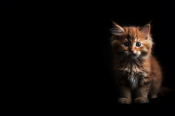 Red fluffy kitten with green eyes sitting on the black background. Generative AI