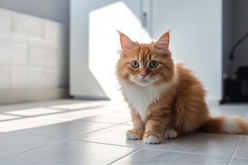 Clean kitchen and red cat sits on the white tiled floor, cleaning concept. Generative AI