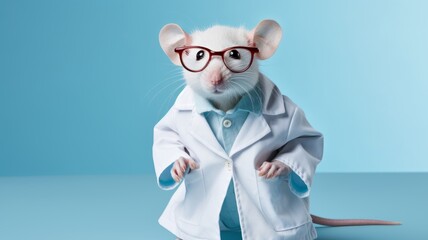 A mouse full body with a lab coat and scientist's glasses, isolated on blue background, Generative AI	
 - obrazy, fototapety, plakaty