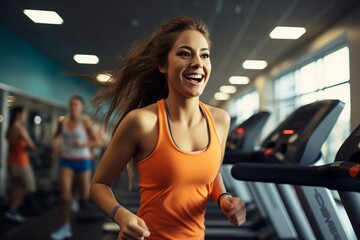 Fototapeta premium Active young woman jogging on a treadmill in the gym. Fitness, healthy lifestyle, and exercise. 'generative AI'