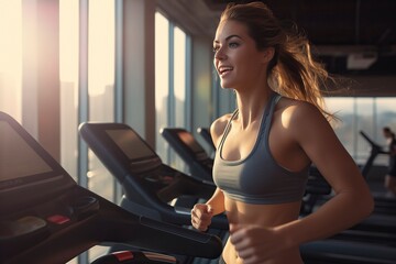 Fototapeta na wymiar Active young woman jogging on a treadmill in the gym. Fitness, healthy lifestyle, and exercise. 'generative AI'