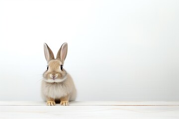 Fototapeta na wymiar gray fluffy rabbit looking on camera. Isolated on white background. Easter bunny. empty space