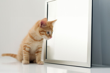 A red kitten stares at the mirror in the room with a lot of empty space. Generative AI