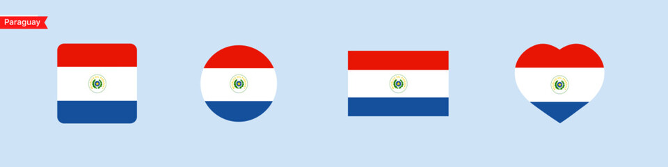 National flag of Paraguay. Paraguay flag icons for language selection. Flag in the shape of a square, circle, heart. Vector icons