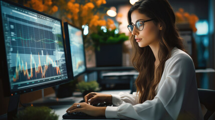 A Financial Analyst woman Working on Computer with Multi-Monitor Workstation with Real-Time Stocks, Commodities and Exchange Market Charts, Businesswoman at Work in Investment Broker Agency.