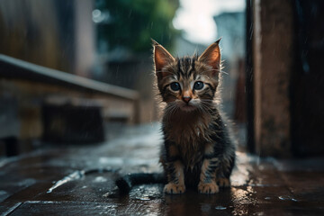 Little stray abandoned kitten, hungry, shivering and wet, sitting alone in cold rain . Generative AI