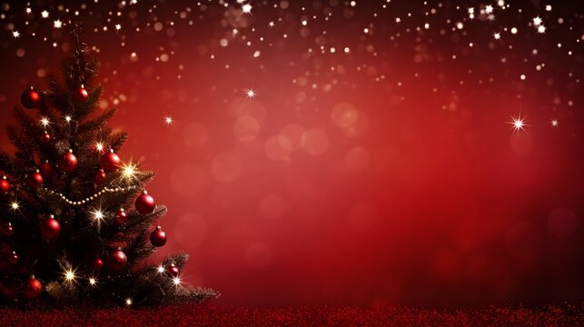 Christmas background with xmas tree and sparkle bokeh lights on red canvas background.