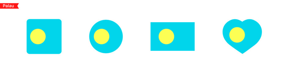 National flag of Palau. Flag in the shape of a square, circle, heart. Palau flag icons for language selection. Vector icons