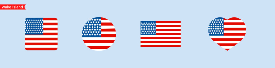 National flag of Wake island icons. Website language choice symbols. Wake island flag in the shape of a square, circle, heart. Vector UI flag design