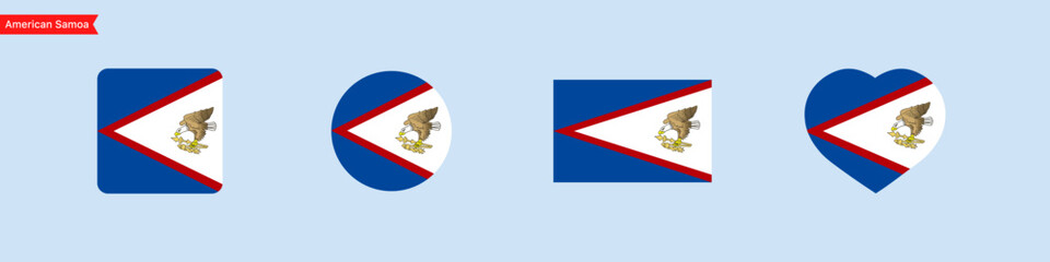 National flag of American Samoa. Isolated flag symbols for language selection. American Samoa flag icons in the shape of a square, circle, heart. Vector icons