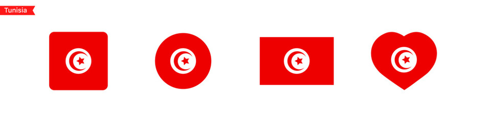 National flag of Tunisia. Isolated flag symbols for language selection. Tunisia flag icons in the shape of a square, circle, heart. Vector icons