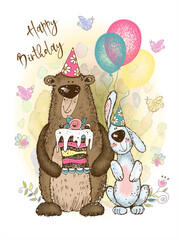 A birthday card. Cute teddy bear and bunny with balloons and cake. Vector.