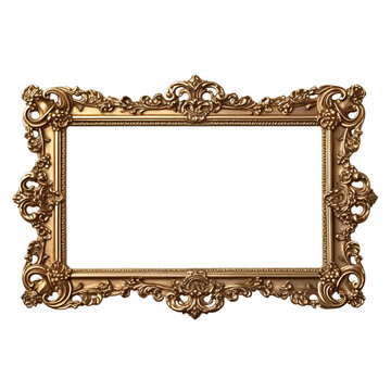 glided baroque photo or mirror frame isolated on a transparent background, gold color border picture frame PNG mockup
