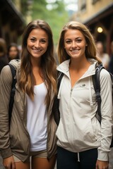 Fototapeta premium Smiling group of friends in sportswear looking at camera and enjoying day of walking