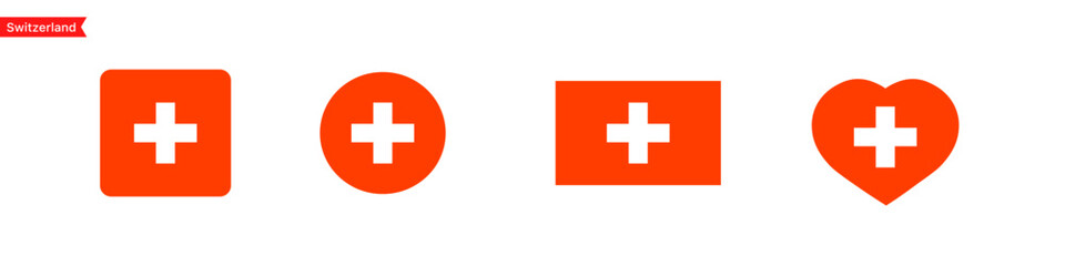 National flag of Switzerland. Isolated flag symbols for language selection. Switzerland flag icons in the shape of a square, circle, heart. Vector icons