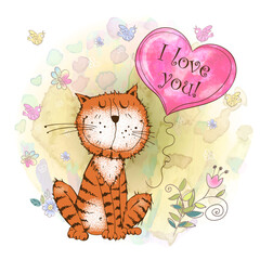 A Valentine's Day card. Cute cat with a balloon in the form of a watercolor heart. Vector.