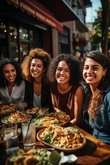 Fototapeta na wymiar Smiling group of young hispanic women eating outdoors on terrace