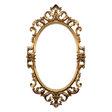 glided baroque photo or mirror curved frame isolated on a transparent background, gold color border picture frame PNG mockup