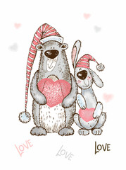 A Valentine's Day card. Cute bunny and teddy bear with a big heart. Vector.