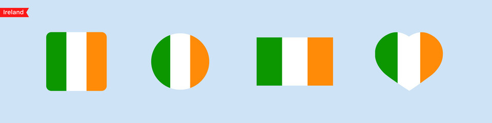 National flag of Ireland. Flag in the shape of a square, circle, heart. Ireland flag icons for language selection. Vector icons