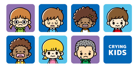 Icon set of children in the world with crying faces
