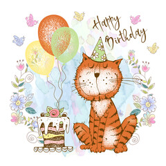 A birthday card. Cute cat with balloons and cake. Vector.