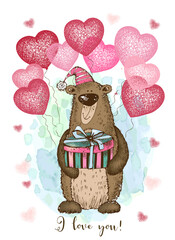 A Valentine's Day card. Cute teddy bear with balloons in the shape of a heart.
