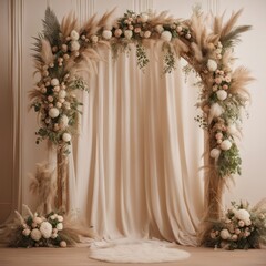 Boho wedding arch with pampas and flowers inside a beige room, wedding digital backdrop, floral arch,  - obrazy, fototapety, plakaty