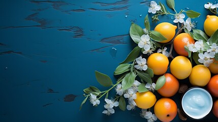Turquoise background with copy space, tangerine and citrus assorted with delicate flowers and a bowl of creams for cosmetic procedures
